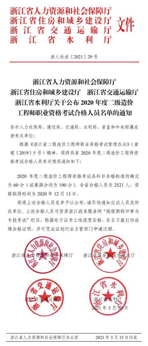 环球网校2020年浙江省二级造价工程师成绩合格人员共2521人