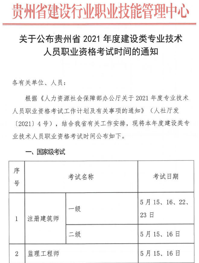 2021贵州二建考试时间