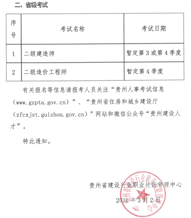 2021贵州二建考试时间